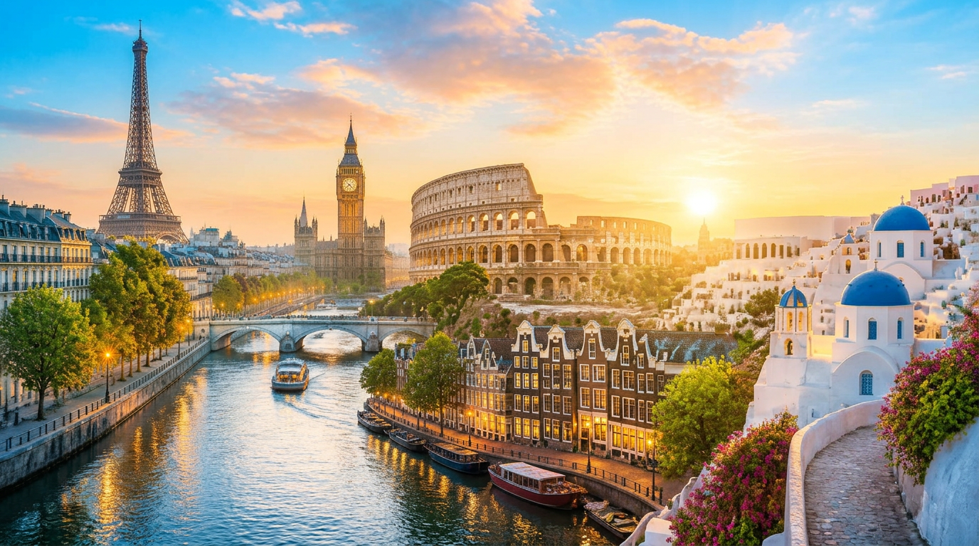 Rich golden-hour panorama of iconic European landmarks — Colosseum, Eiffel Tower, Big Ben, Santorini and Amsterdam canal houses at a vibrant sunset with deep blue sky