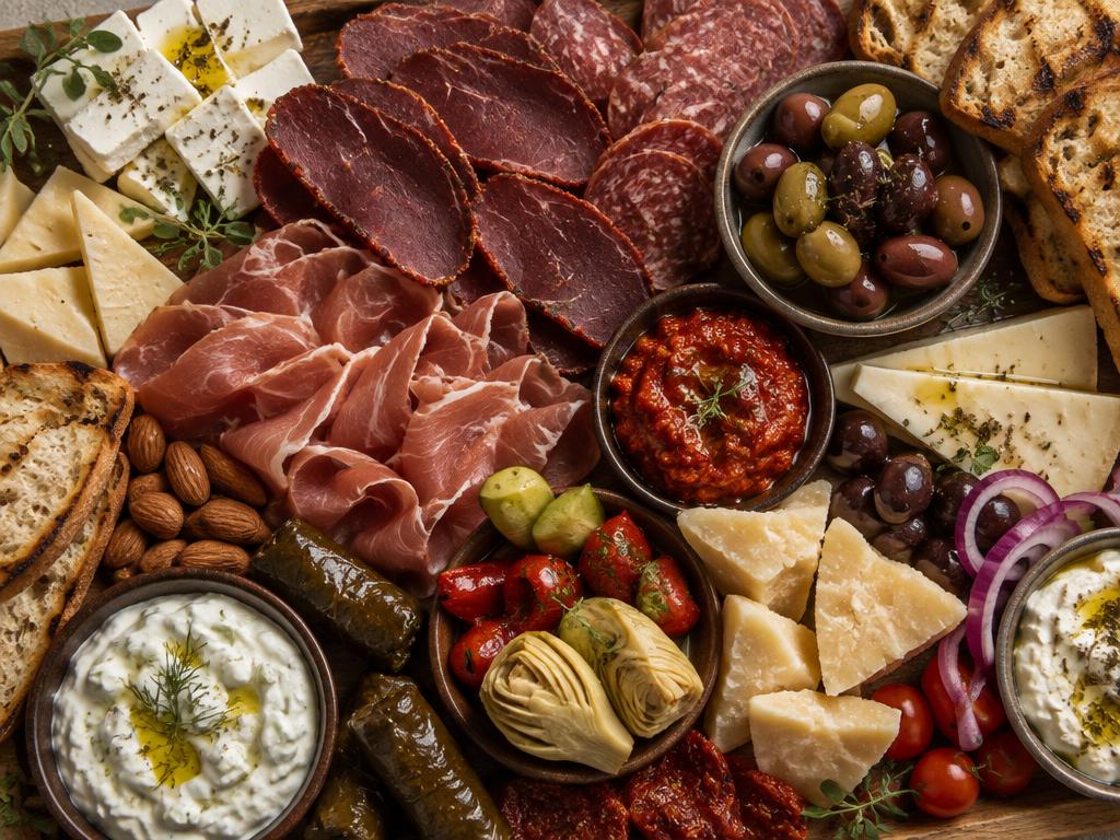 Representative greek meze / deli food for Ta Karamanlidika tou Fani