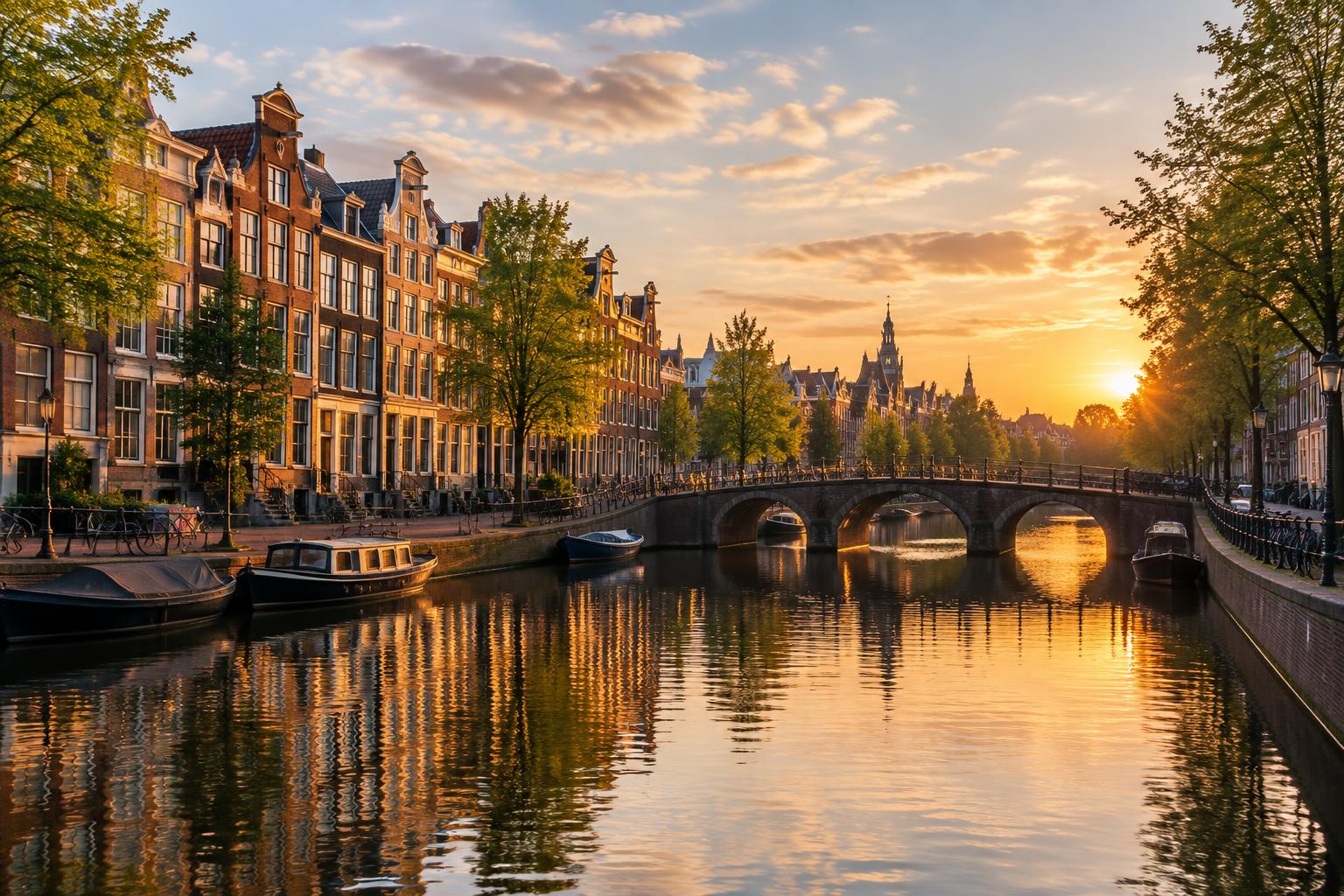 Amsterdam canal houses and bridge in warm evening light