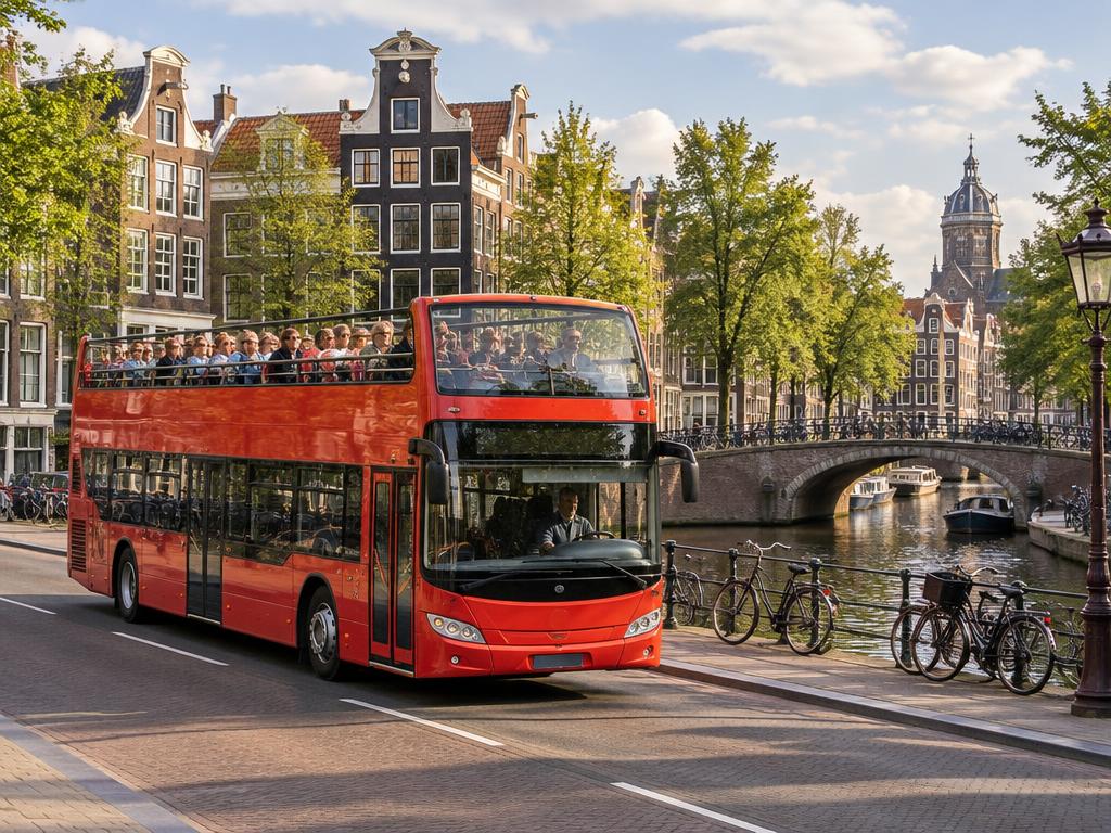 Open-top sightseeing bus in Amsterdam