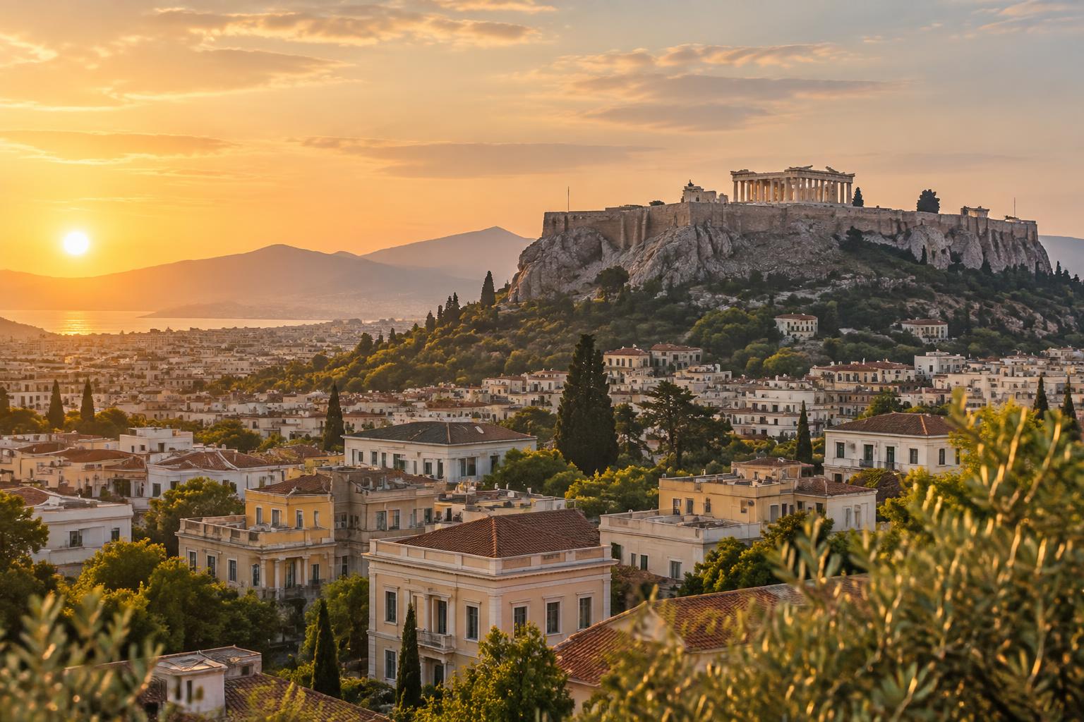 Athens rooftops and the Acropolis in warm evening light