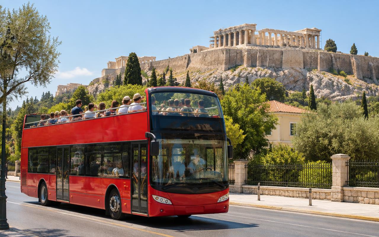 Open-top sightseeing bus in Athens