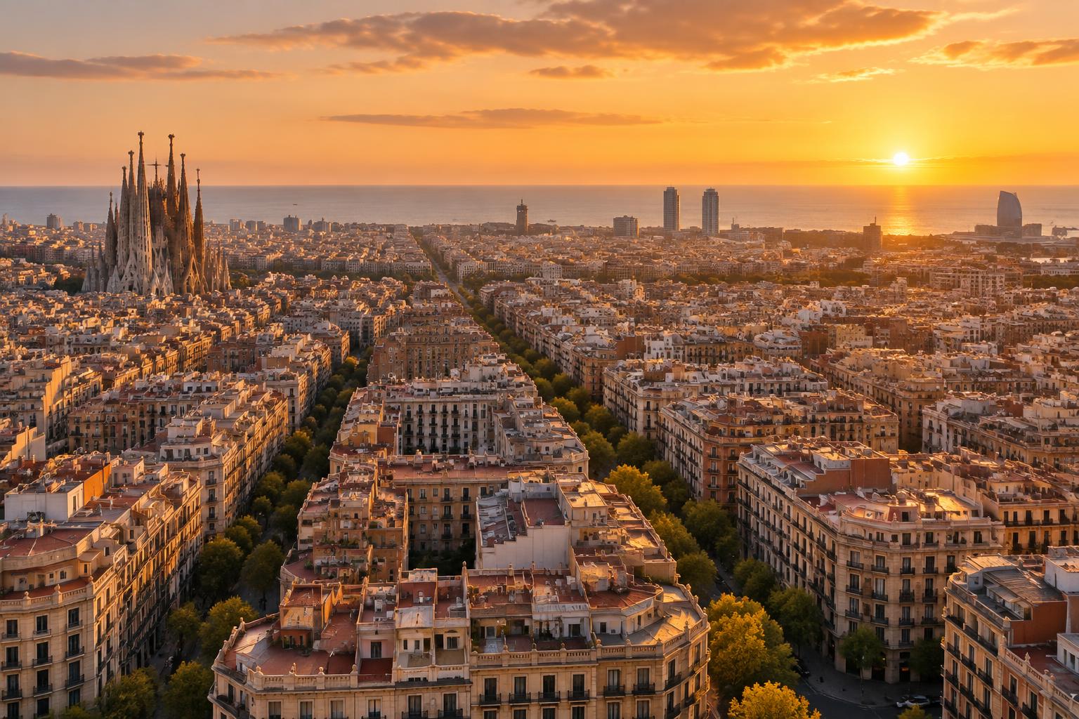 Barcelona rooftops stretching to the Mediterranean in warm evening light