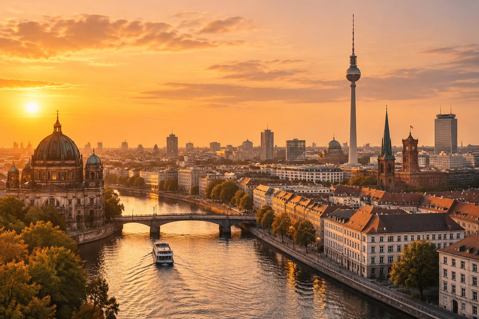 Berlin rooftops, bridges and the TV tower above the Spree in warm evening light