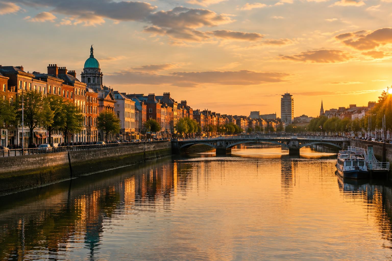The River Liffey and Dublin skyline in warm evening light