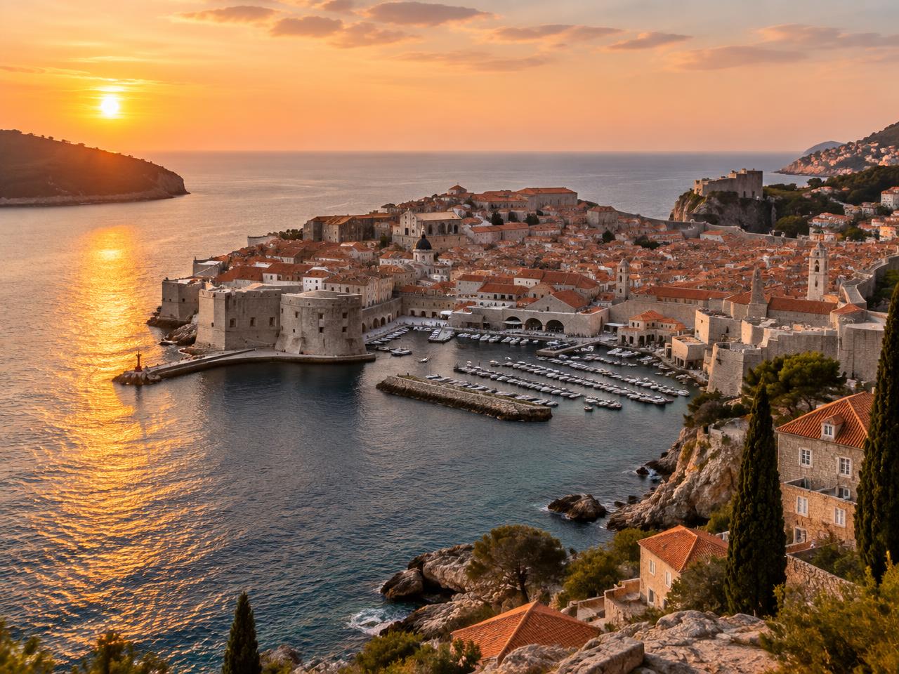 Dubrovnik's walled Old Town and terracotta rooftops above the Adriatic in warm evening light