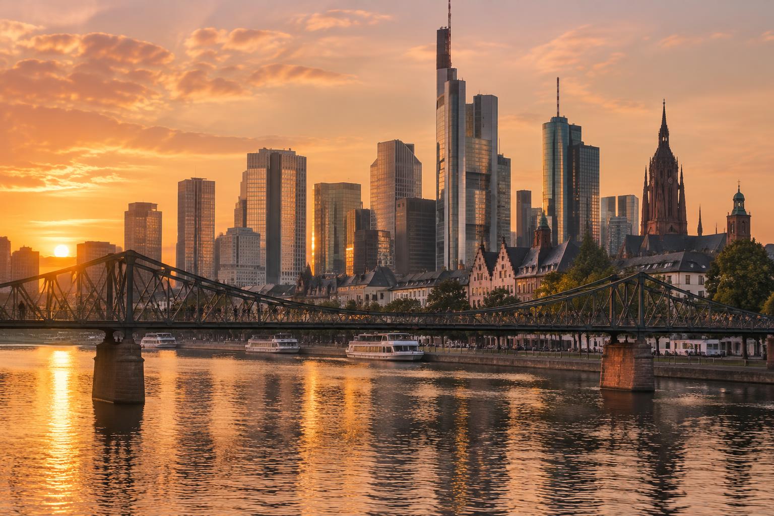 Frankfurt skyline and the Eiserner Steg footbridge above the River Main in warm evening light