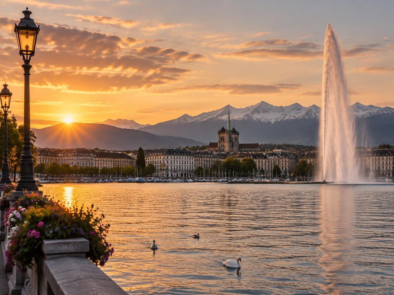 Lake Geneva, the Jet d'Eau fountain and the Alps in warm evening light