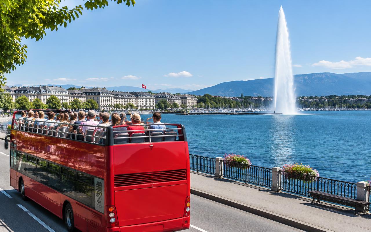 Open-top sightseeing bus in Geneva