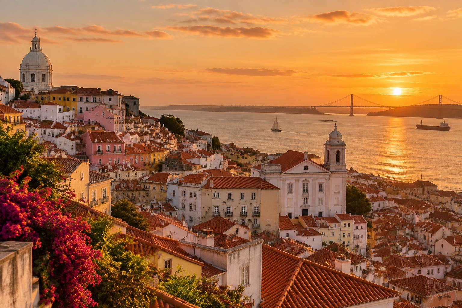 Lisbon rooftops above the Tagus river in warm evening light