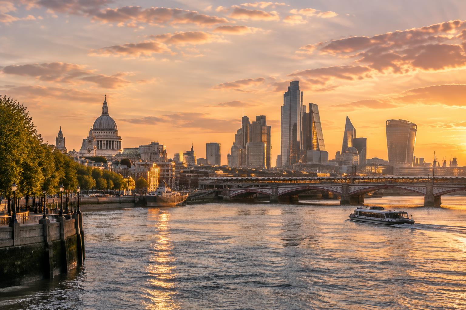 The River Thames and London skyline in warm evening light