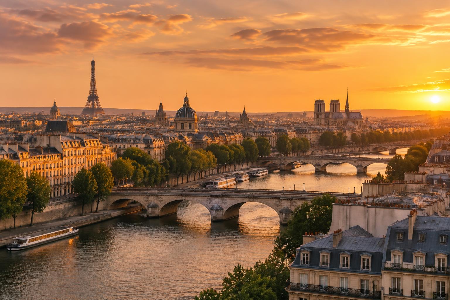 The River Seine and Paris skyline in warm evening light