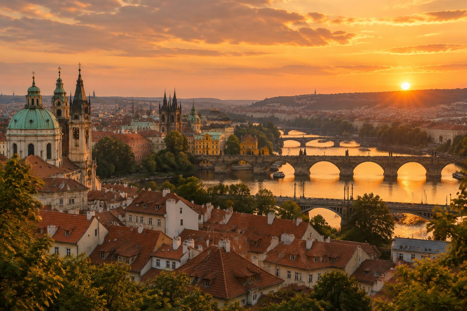 Prague rooftops, spires and the Vltava river in warm evening light
