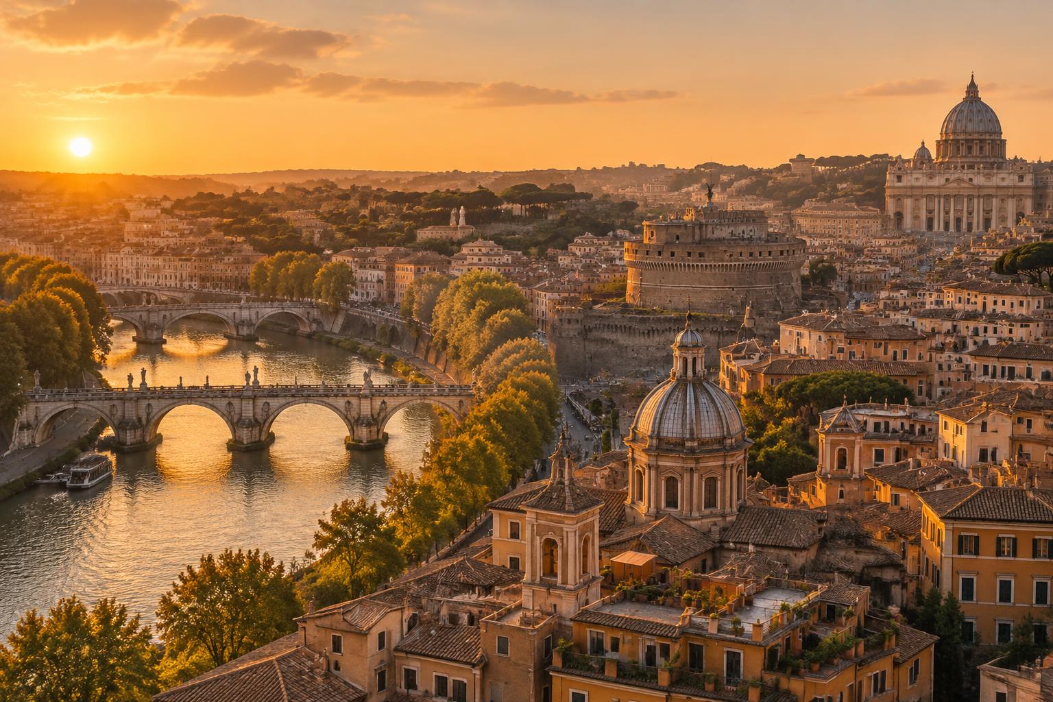 Rome rooftops, domes and the Tiber river in warm evening light