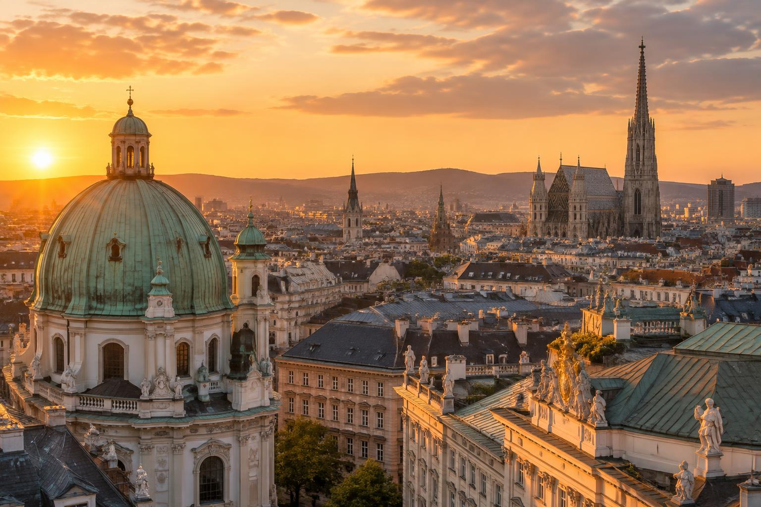 Vienna domes, rooftops and St. Stephen's spire in warm evening light