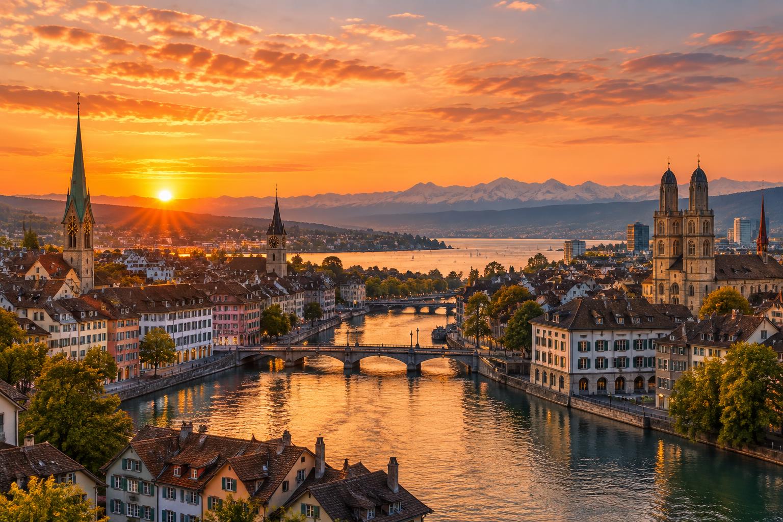 Zurich Old Town rooftops, church spires and the Alps beyond the lake in warm evening light